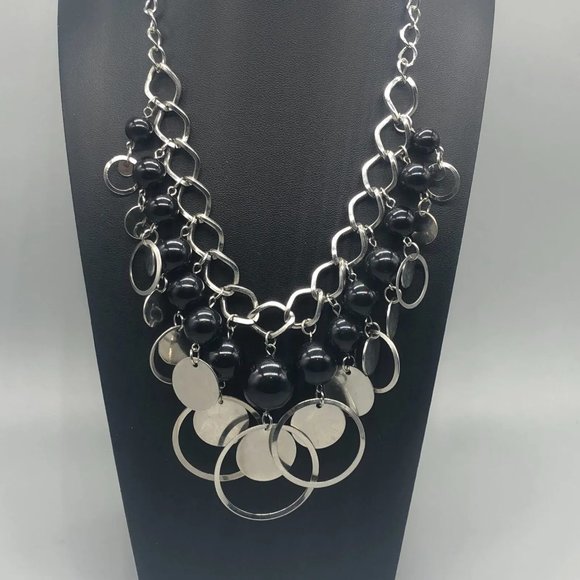 Vintage 90s Geometric Chunky Black and Silver Bib Statement Dangle Necklace - Picture 3 of 11